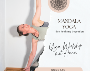 Frau in Bewegung, daneben Text und ein gezeichnetes Mandala